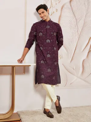 VASTRAMAY Men's Wine Silk Blend Kurta Pyjama Set