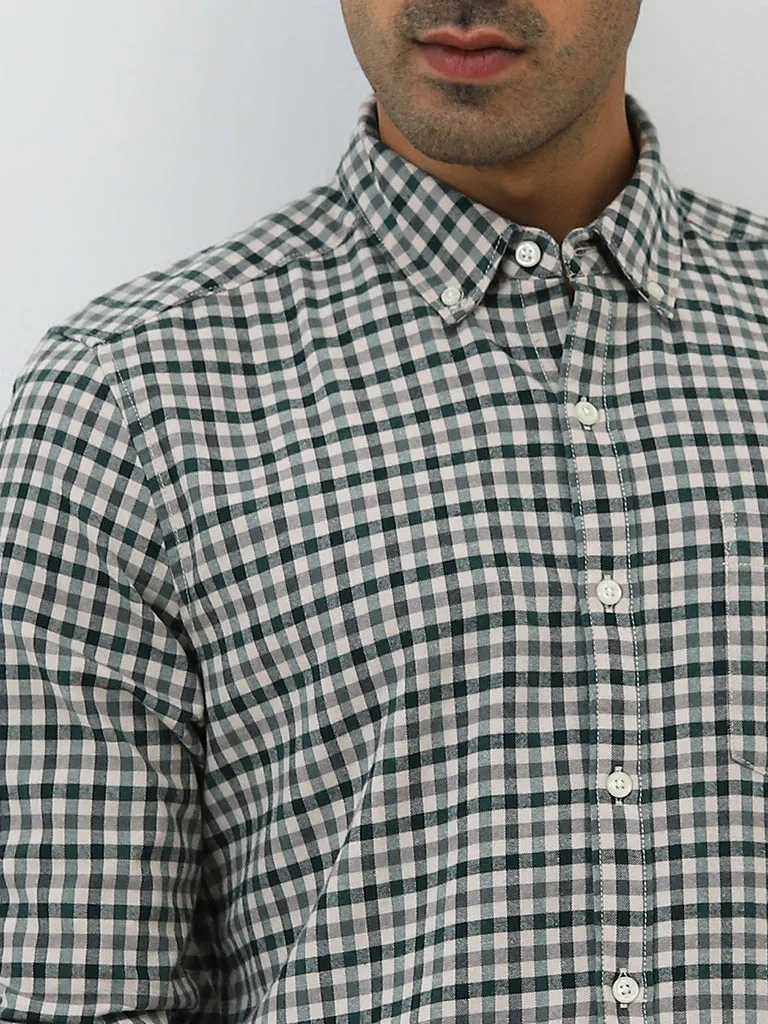 WES Casuals Green Gingham Checkered Slim-Fit Cotton Shirt