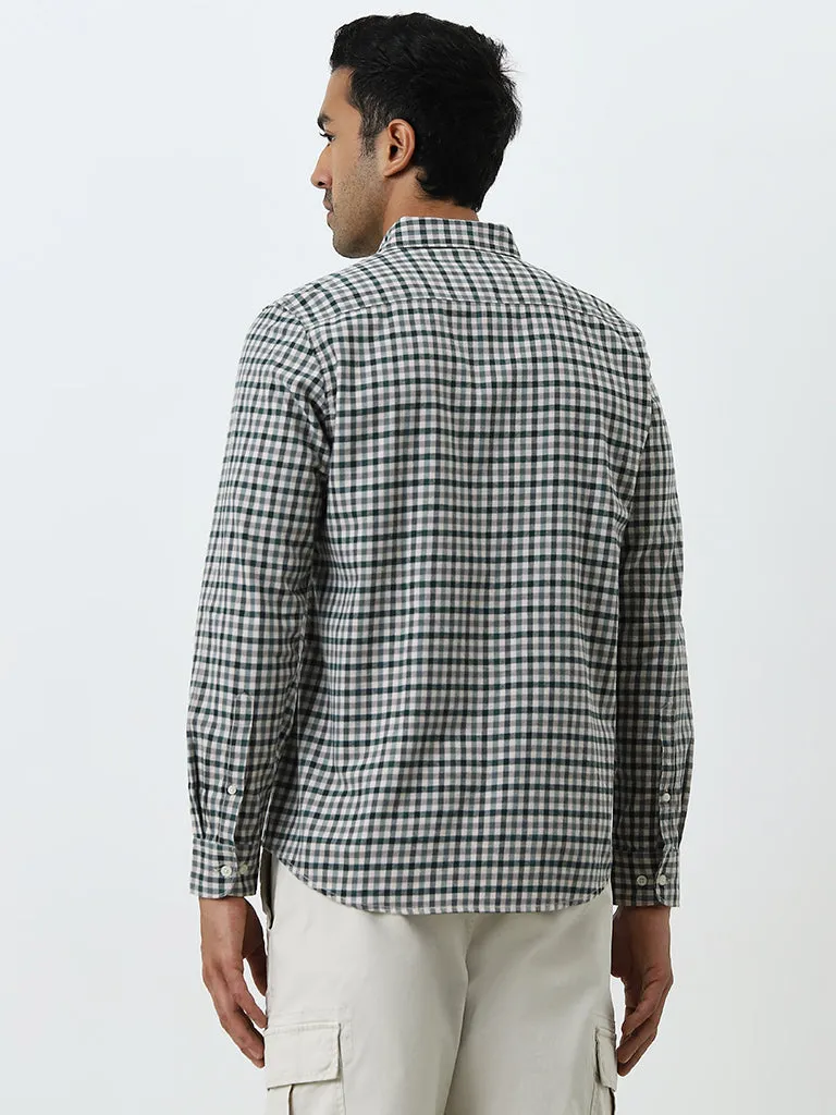 WES Casuals Green Gingham Checkered Slim-Fit Cotton Shirt