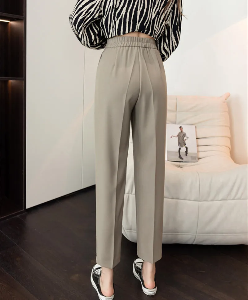 Wjczt Autumn Loose Straight High Waist Cropped Trousers Women Casual Solid Button Work Pants Female Cozy Thin Pencil Pants