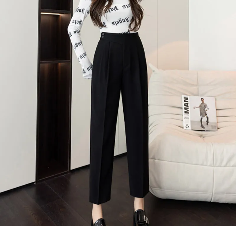 Wjczt Autumn Loose Straight High Waist Cropped Trousers Women Casual Solid Button Work Pants Female Cozy Thin Pencil Pants