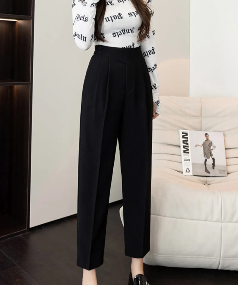 Wjczt Autumn Loose Straight High Waist Cropped Trousers Women Casual Solid Button Work Pants Female Cozy Thin Pencil Pants