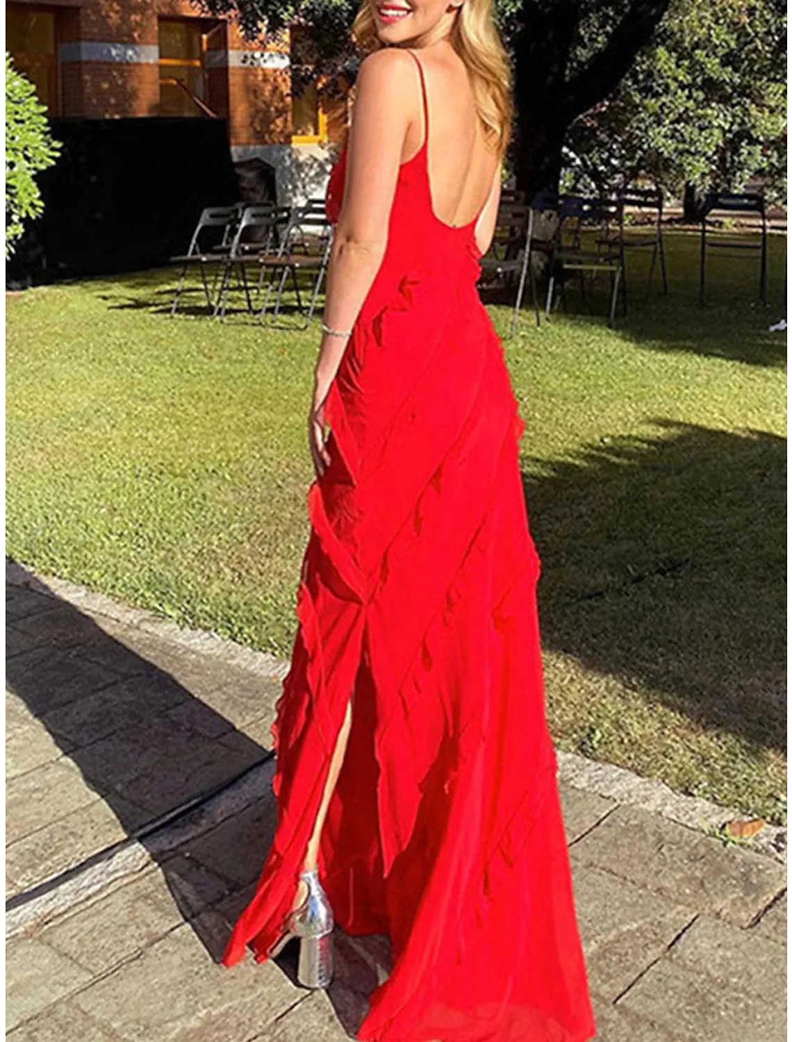 Women's Black Dress Prom Dress Party Dress Long Dress Maxi Dress Black Red Sleeveless Pure Color Ruffle Summer Spring Spaghetti Strap Fashion Wedding Guest Evening Party Vacation Slim