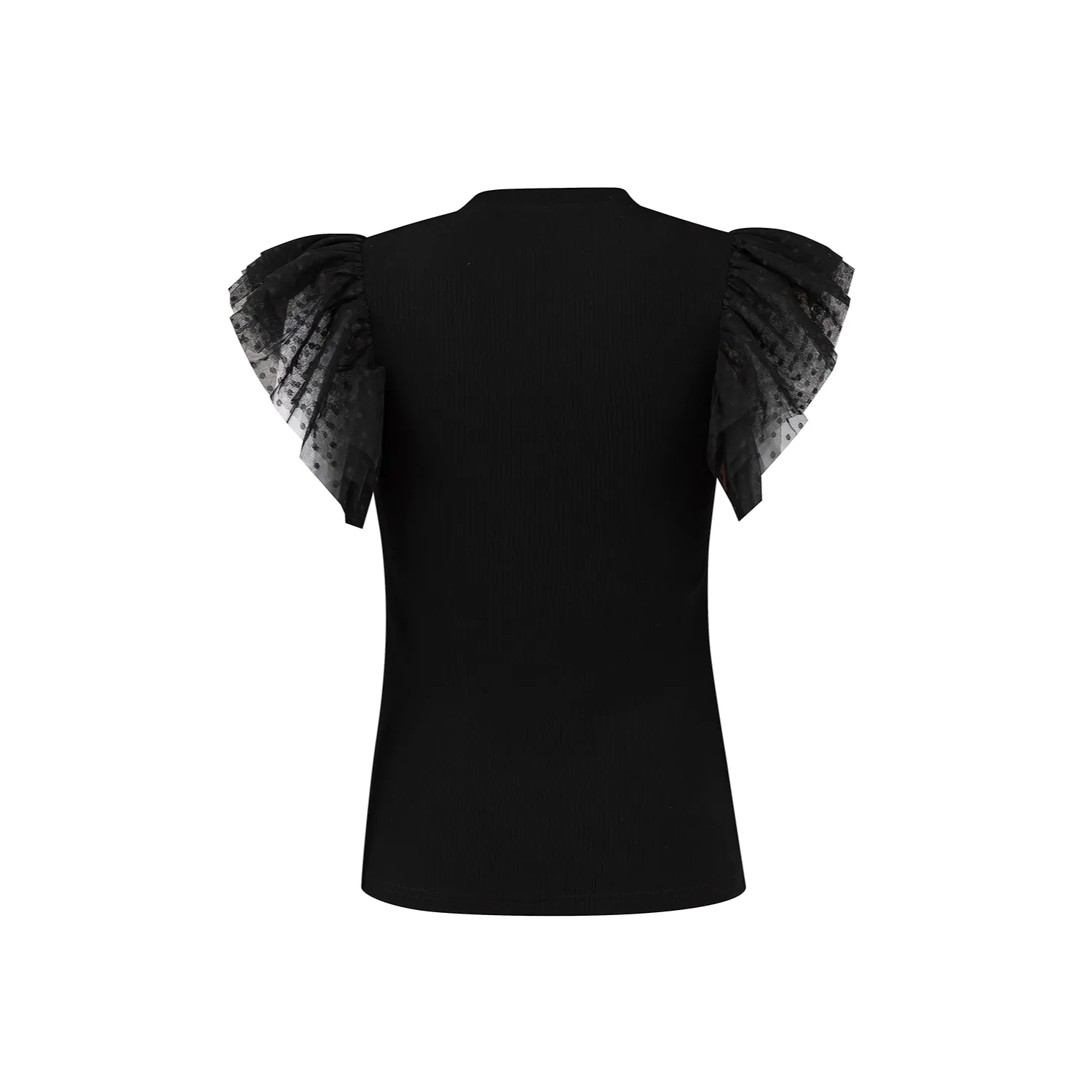 Women's Ribbed Knit Top with Layered Ruffle Sleeves - Slim Fit-Black